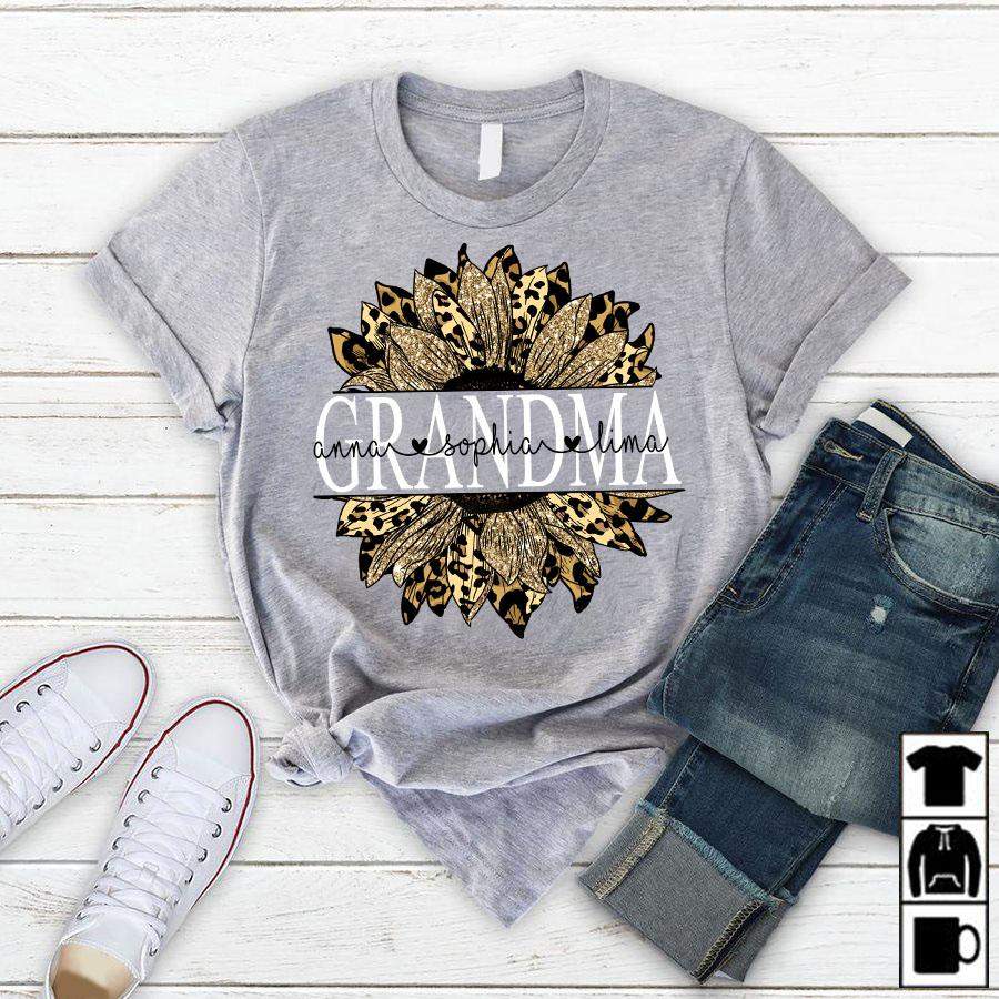 Namashops Personalized Grandma Flower Leopard, Custom Names Shirt