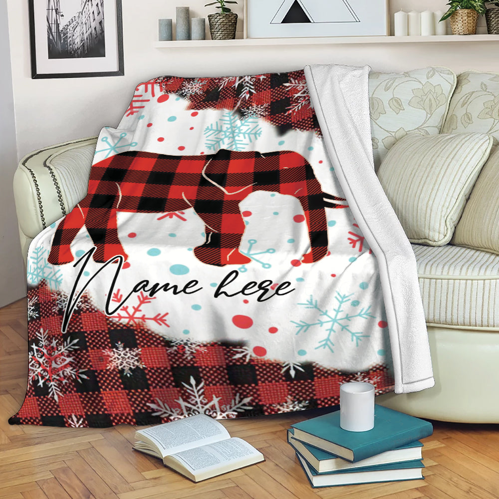 Personalized Elephant Blanket, Elephant And Red Plaid Sherpa Fleece Blanket, Soft Cozy Plush Throw Blanket, Christmas Gift