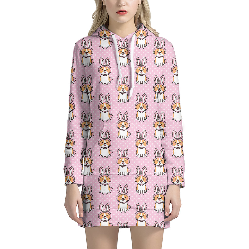 Bunny Corgi Pattern Print Women’S Pullover Hoodie Dress