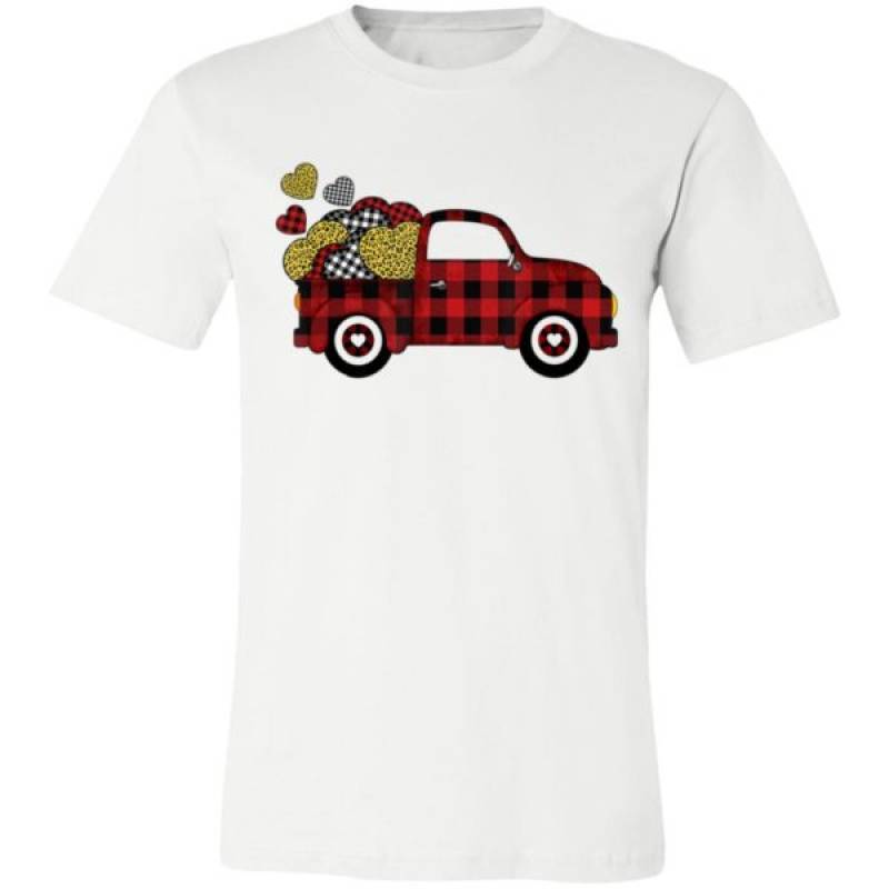 Buffalo Plaid & Leopard Heart Truck Valentines Day T-Shirt