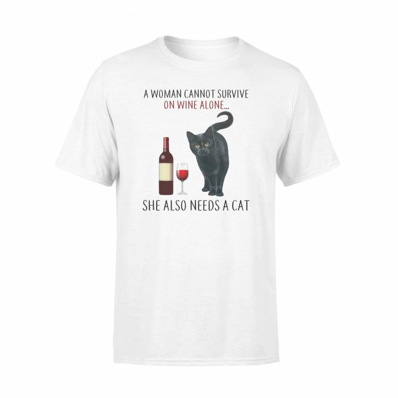 A Woman Cannot Survive On Wine Alone She Also Needs A Cat Meowy Christmas Kitten Funny Xmas Gift – Graphic Design T-shirt