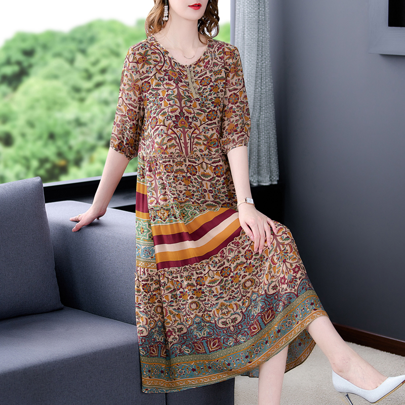 Women Floral Natural Silk Midi Dress Summer Korean Fashion Light Casual Party Dresses 2022 Elegant Loose Waist Plus Size Dress alx