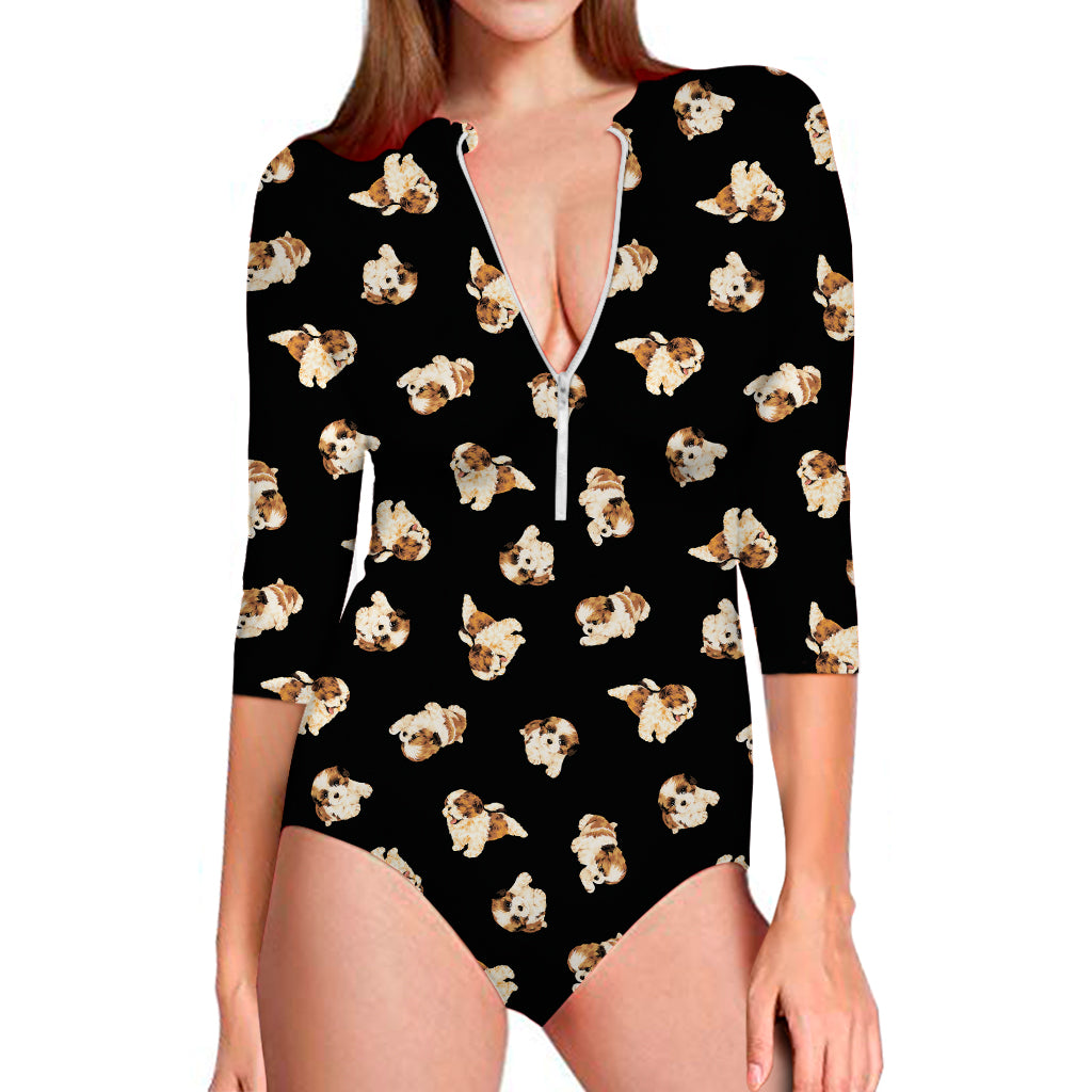 Shih Tzu Puppy Pattern Print Long Sleeve One Piece Swimsuit