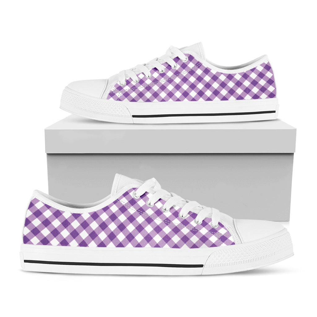 Violet And White Gingham Pattern Print White Low Top Shoes