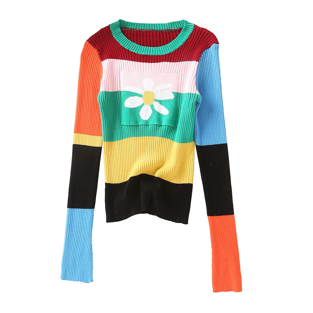 Yiallen Striped Knitted Sweater WomenColored daisies Autumn Flower Elastic Stretchy Sweater Cotton Tops Multicolor Winter 2021 alx