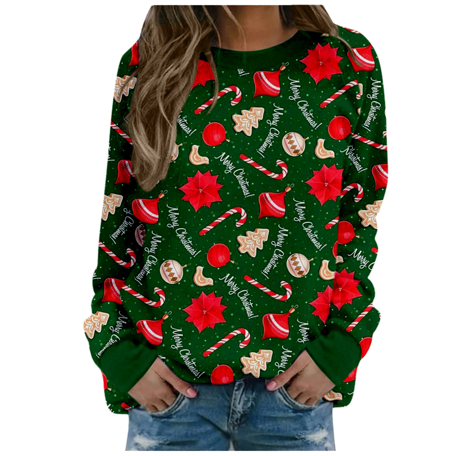 Women’s Christmas Print Long-sleeved Sweatshirt Casual Blouse Pullover Christmas Knitting Pullover Sweater Top Jumper Sweatshirt alx