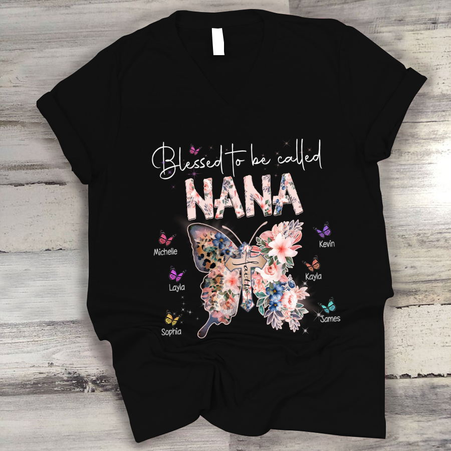 Blessed To Be Called Nana Butterfly Flower V-Neck