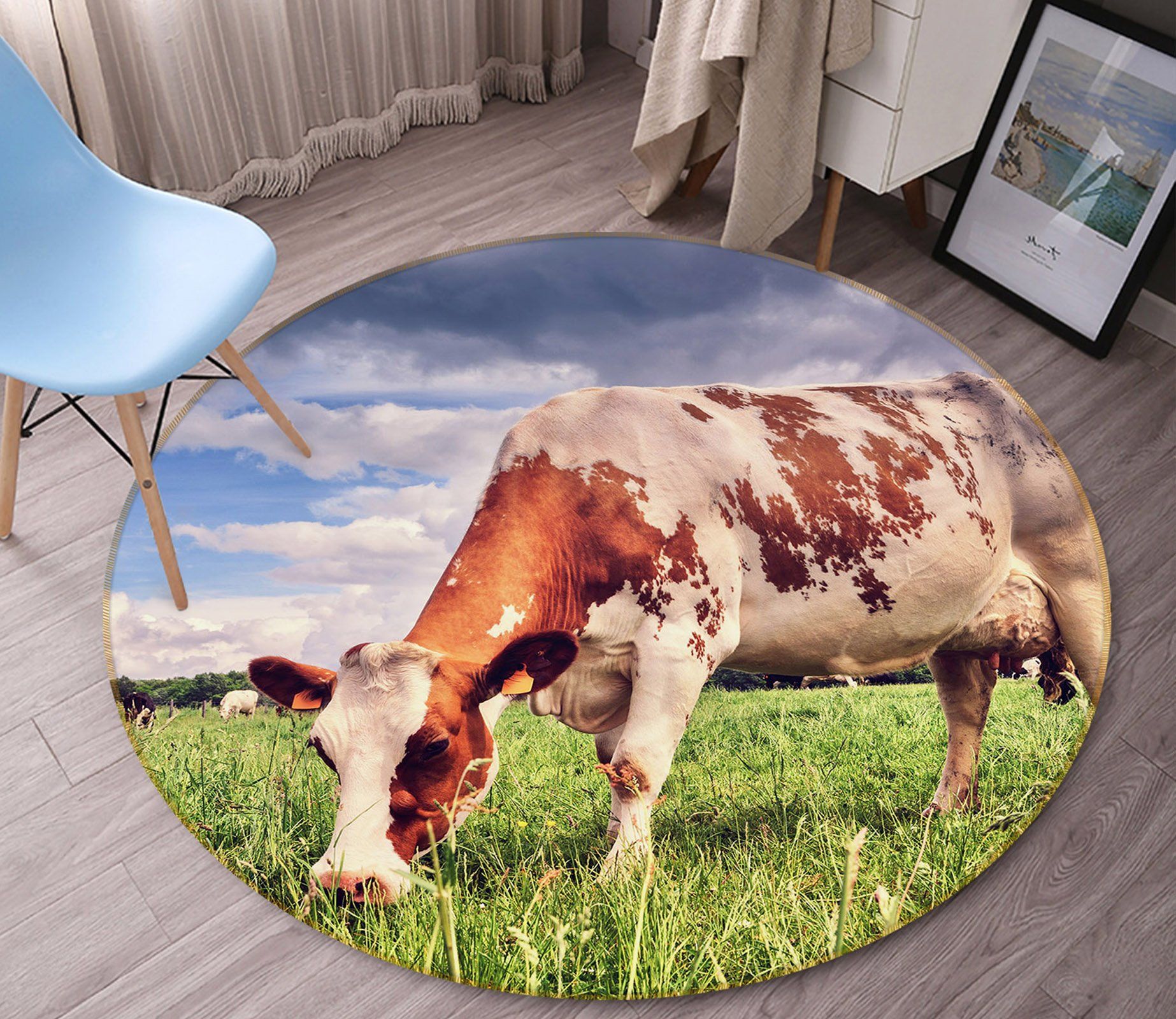 Blue Sky Cow Eating Grass Round Rug Home Decor