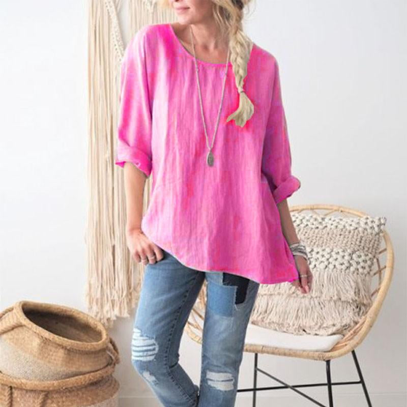 Women’S Round Neck Long Sleeve Solid Color Loose Plus Size Top