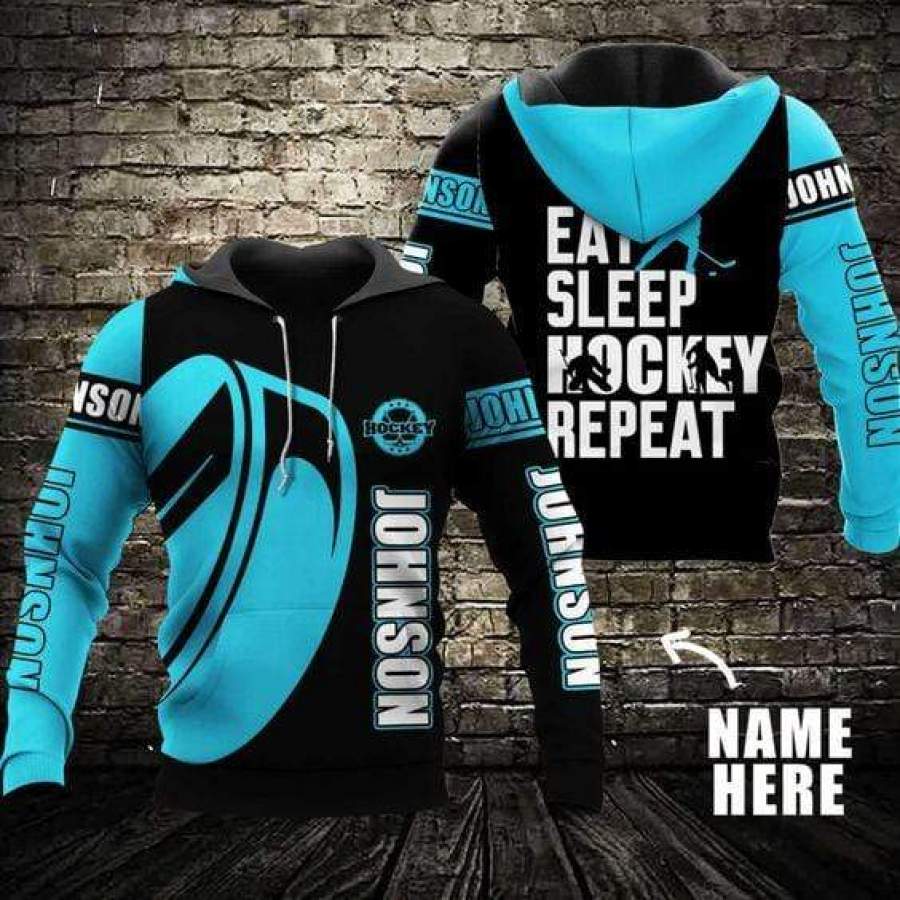 Eat Sleep Hockey Repeat Custom Name Hoodie 3D All Over Print