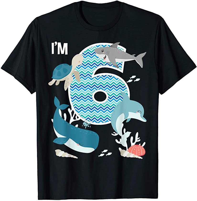 Kids 6 Year Old Ocean Life Whale Dolphin Shark 6th Birthday T-Shirt