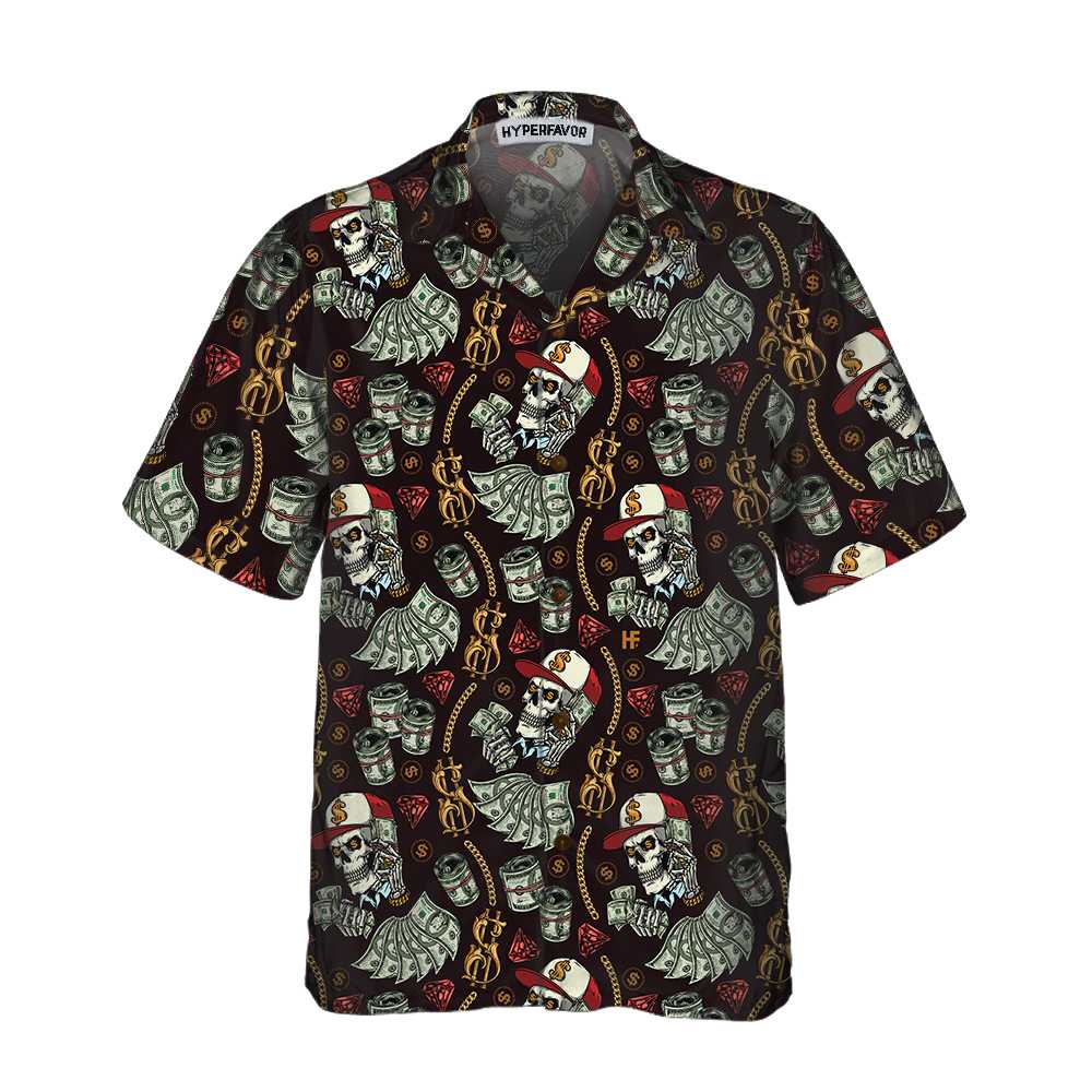 Skull And Dollars Seamless Pattern With Gold Chains Hawaii Short Sleeve Money Shirt Ha71065