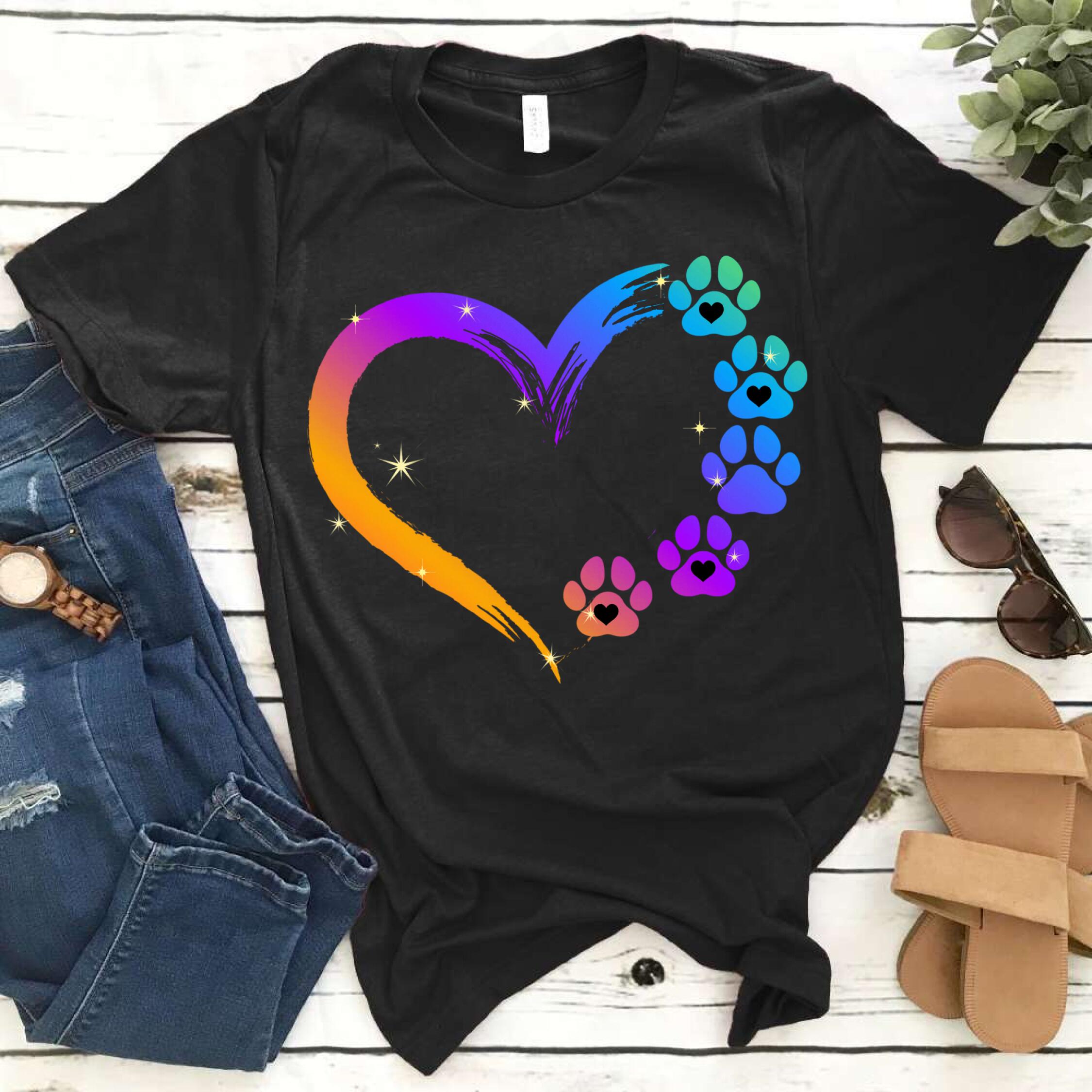 Personalized Dog Paw Heart Rainbow Custom Name Gift For Dog Lovers – Standard T-shirt