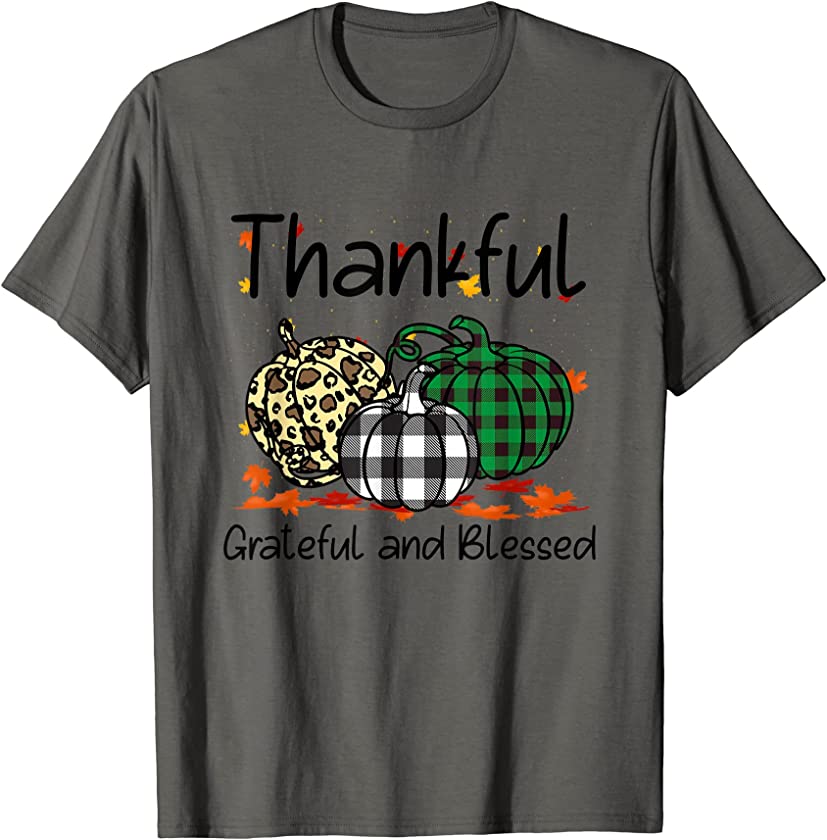 Thankful-Grateful-Blessed Plaid-Leopard Pumpkin Thanksgiving T-Shirt