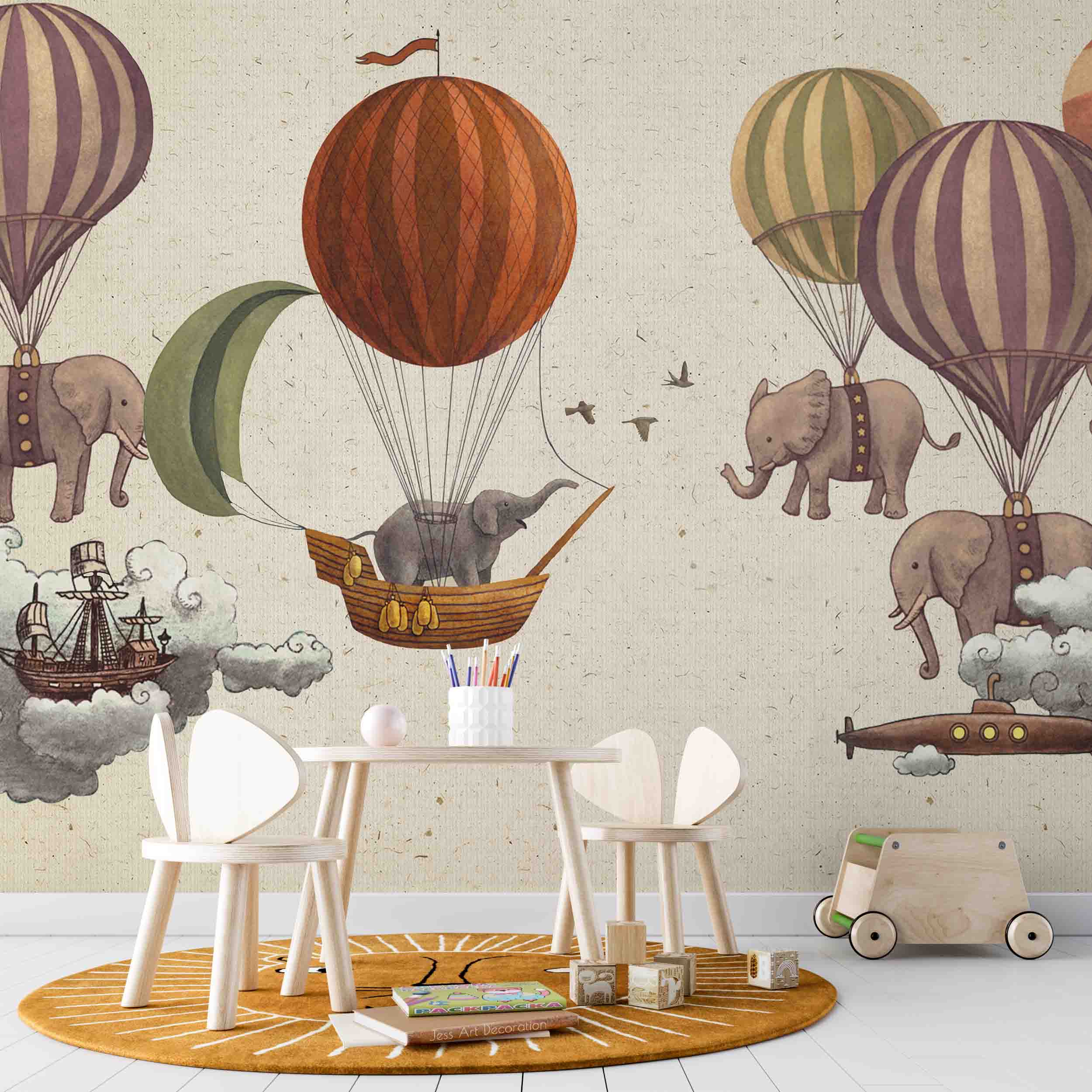 3D Spaceship Balloon Elephant Bird Wall Mural Wallpaper Gd 2757