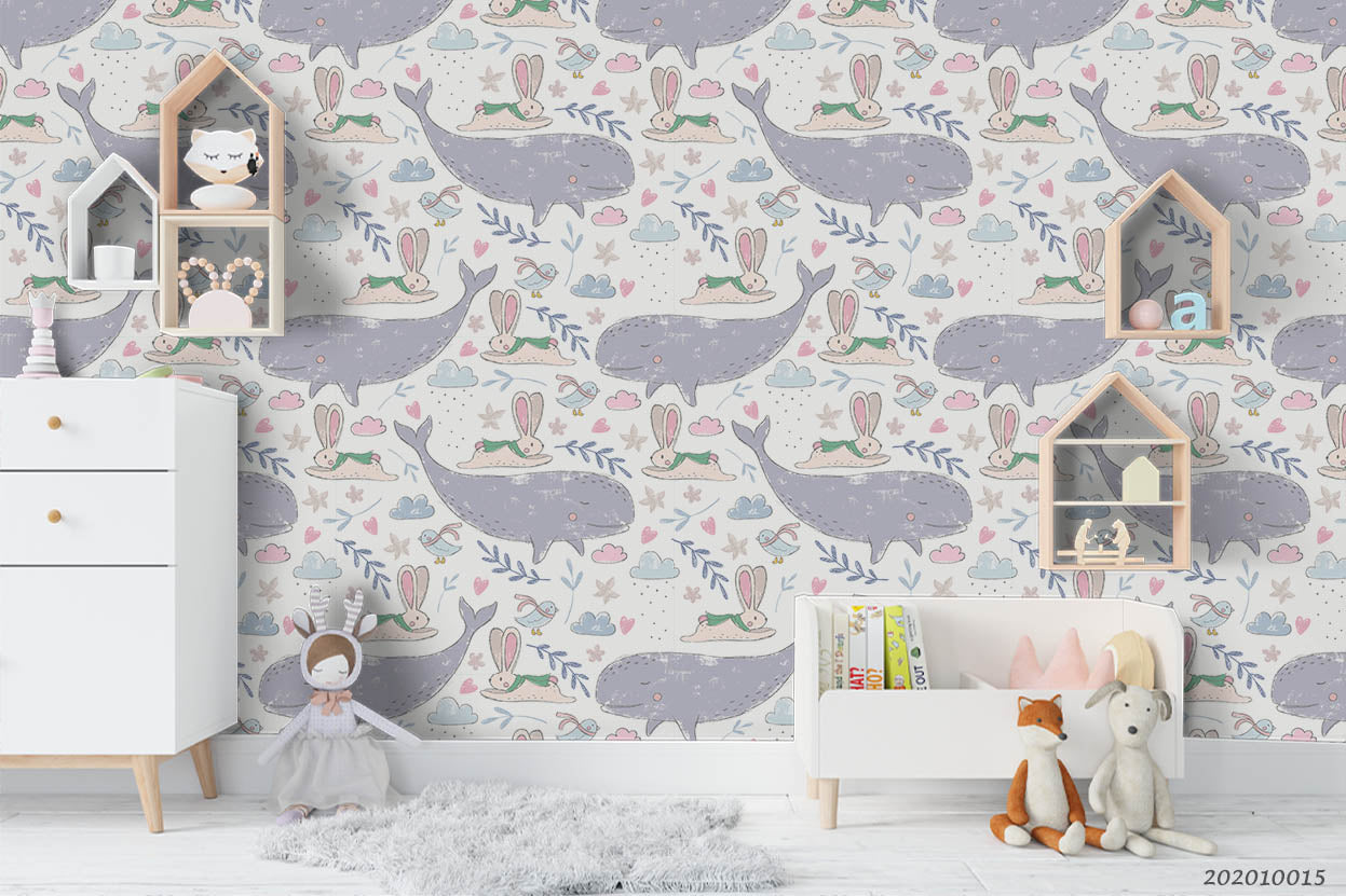 3D Cartoon Whale Rabbit Pattern Wall Mural Wallpaper Wj 5126