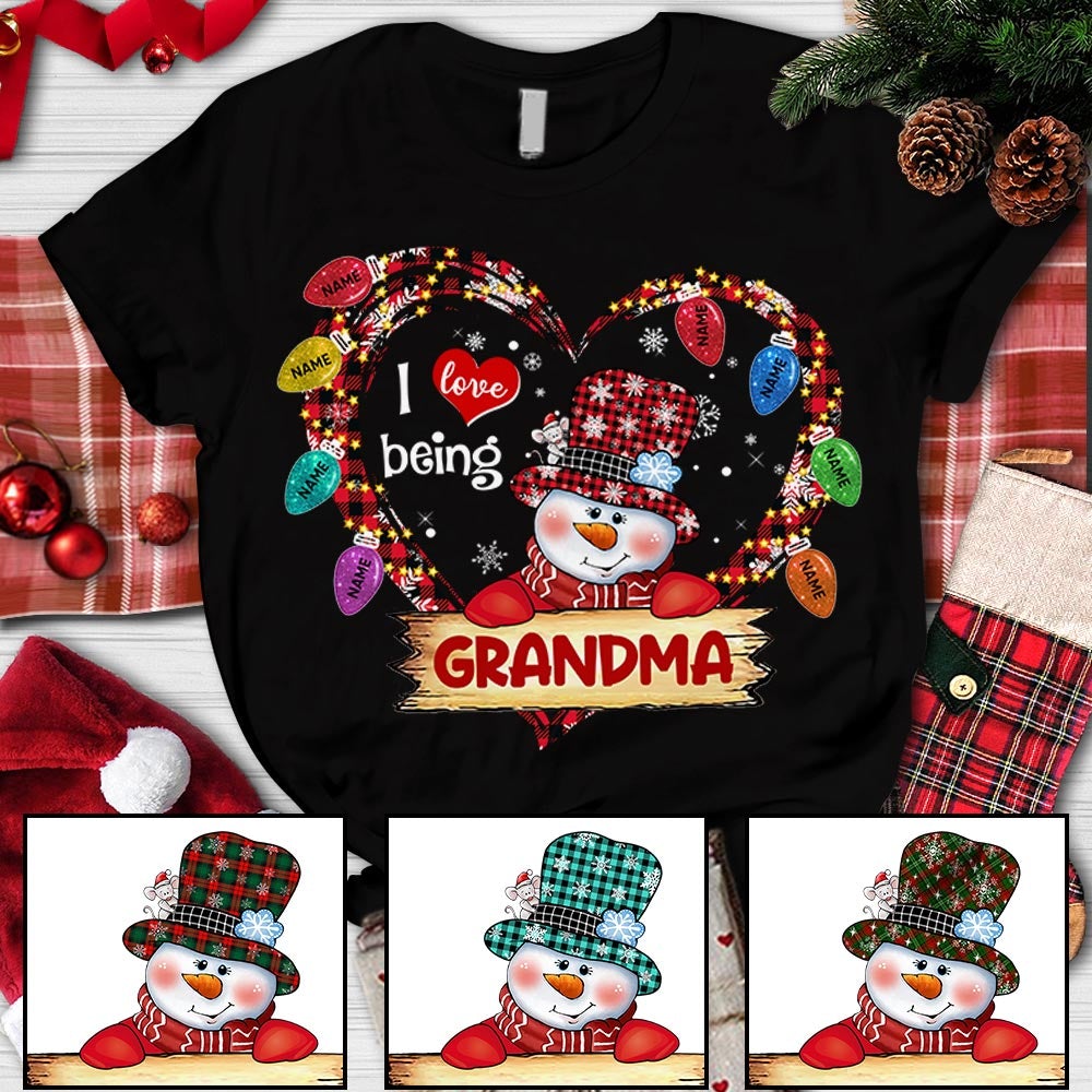 Personalized I Love Being Grandma Snowman Heart Shirt Grandma With Grandkids Name Christmas Shirt Hn98