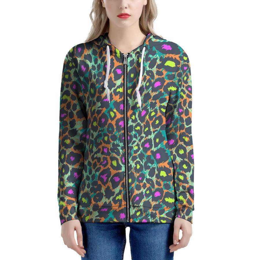 Colorful Neon Leopard Women’s Zip Up Hoodie