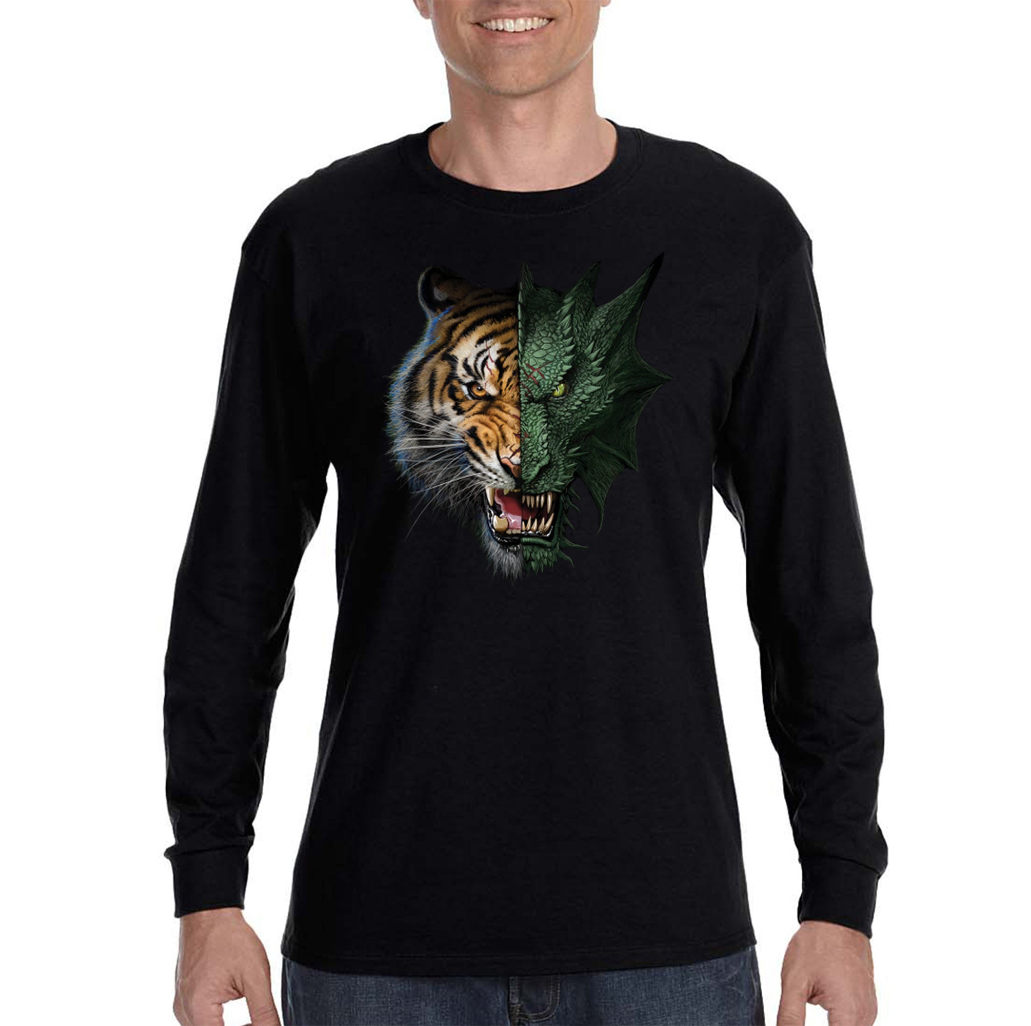 Xtrafly Apparel Men’S Half Dragon Tiger Reptile Lion Animal Long Sleeve T-Shirt