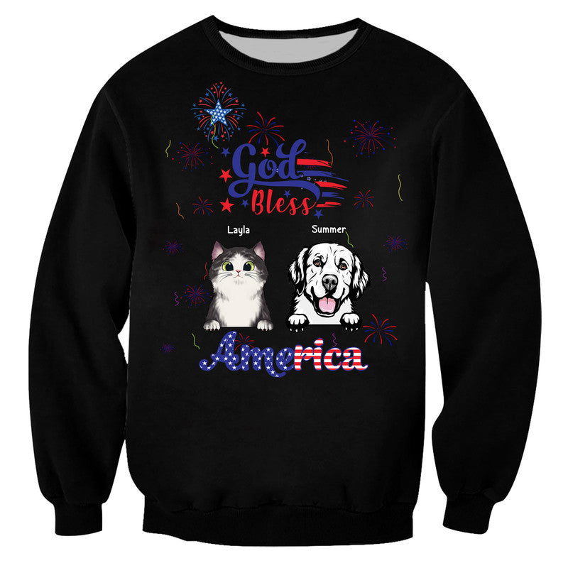 (Custom Personalised) 4Th Of July – God Bless Usa Sweatshirt Pets With Fireworks – Black Lt8