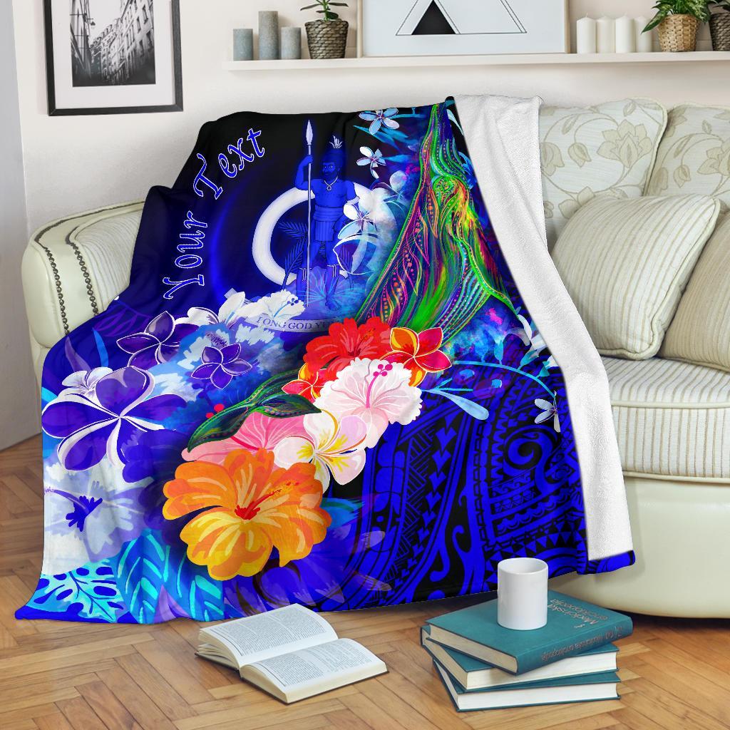 Vanuatu Custom Personalised Premium Blanket – Humpback Whale with Tropical Flowers (Blue)- BN18