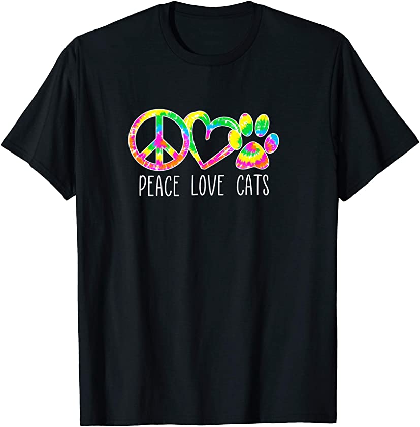 Cat Lover Shirts Peace Love Cats Kittens Paw Bright Tie Dye T-Shirt