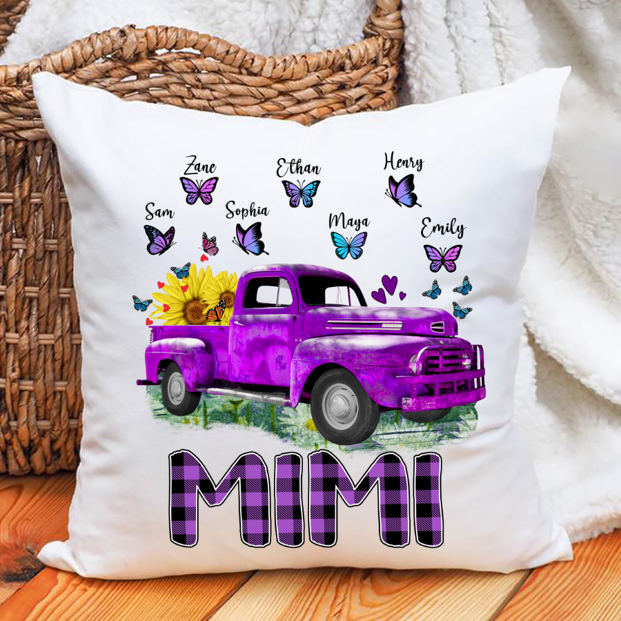 Grandma And Grandkid’S Purple Truck Flower Pillow