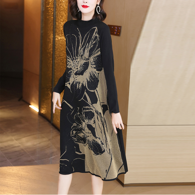 Autumn Winter Floral Knitted Cotton Loose Wool Midi Dree Women Thick Warm Casual Sweater Dress 2022 Korean Vintage Party Dress alx