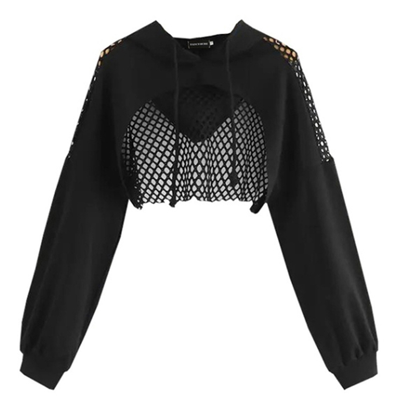 Crop Top Sweatshirt Mesh Patchwork Hoodies Sweatshirts Women Harajuku Hoodie Sweatshirt Clothes Gothic Long Sleeve Robe Femme alx