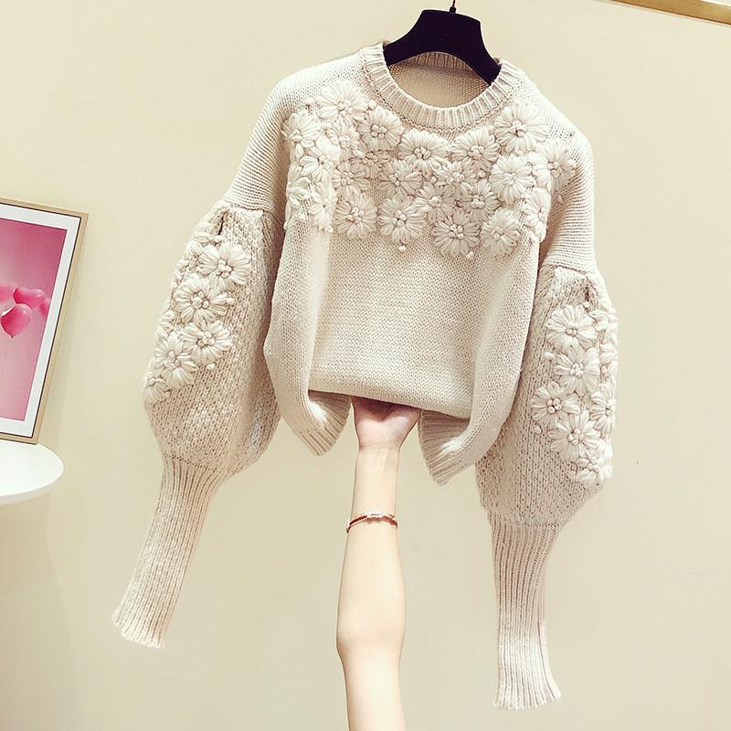 Three-dimensional flower embroidery knitting female 2021 autumn winter new style lazy wind lantern sleeve sweater alx