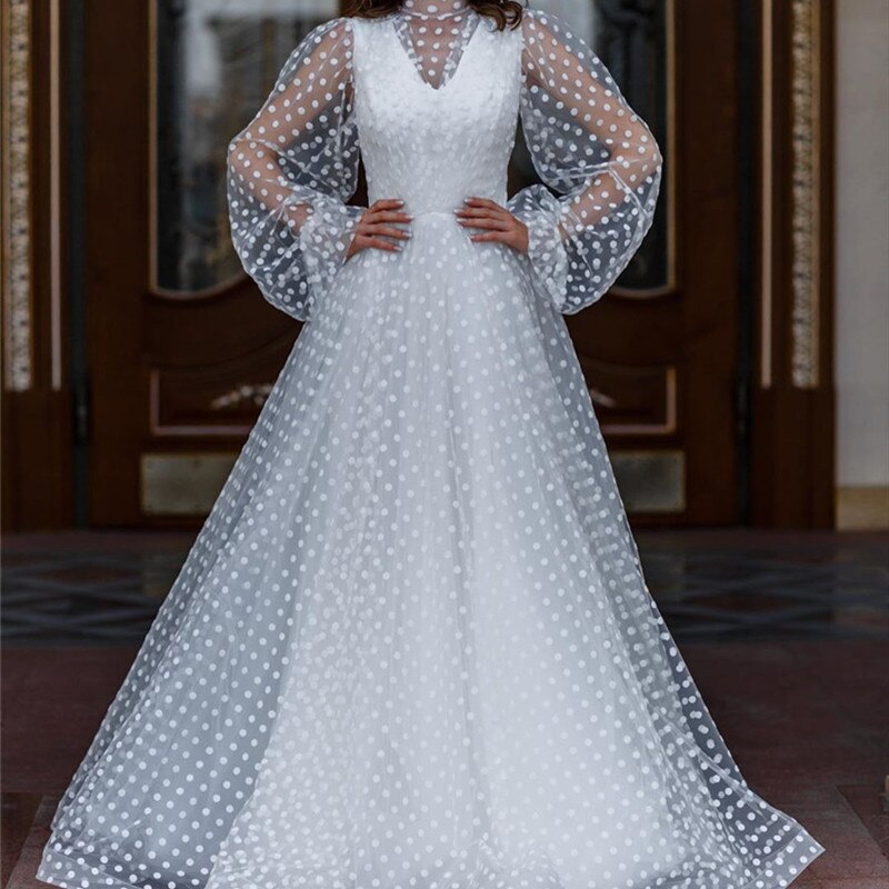 Women’s Floor-length Dress Elegant Polka Dot White O-neck Puff Sleeve Women’s Fashion Mesh Casual A-line Long Dress Wedding alx