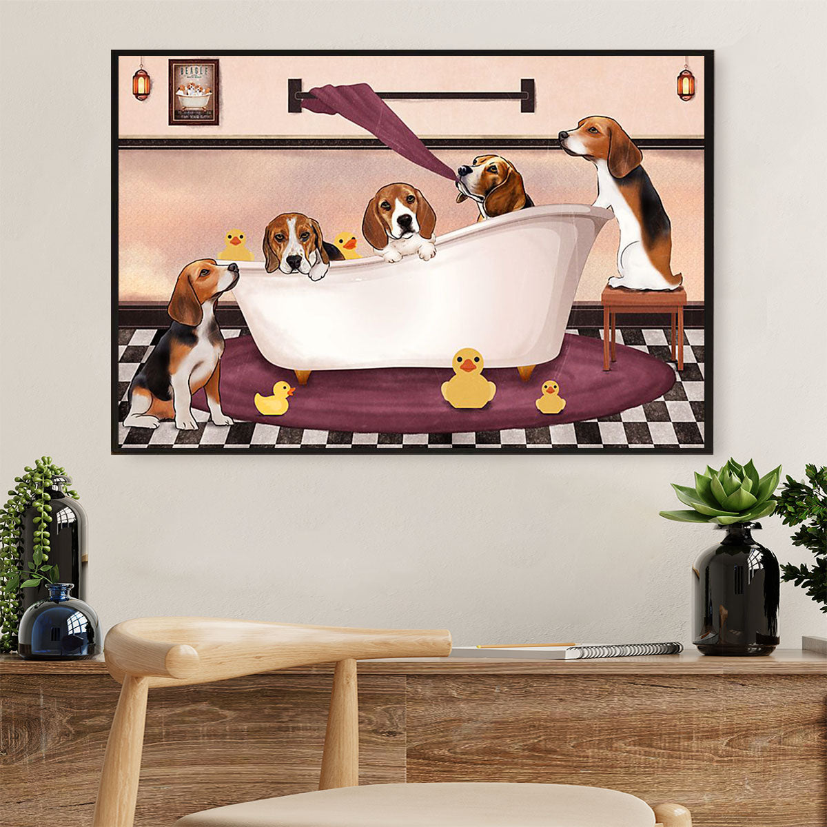 Beagle Dog Canvas Wall Art Prints | Funny Beagles In Bath | Home Décor Gift For Pocket Beagle Puppies Lover