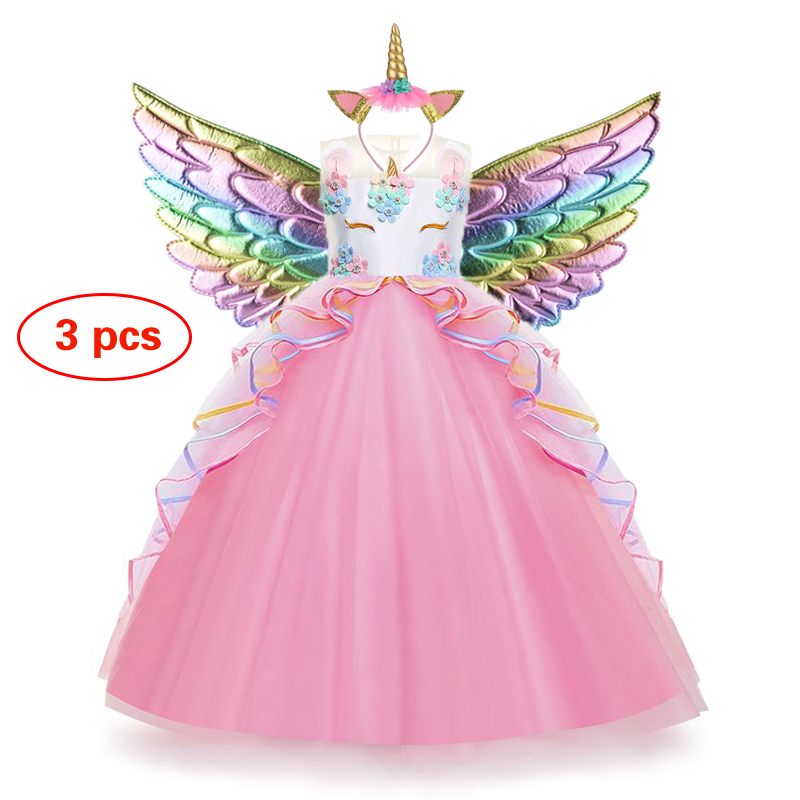 Unicorn Dress For Girls Birthday Party Clothes Embroidery Flower Ball Gown For Kids Rainbow Formal Princess Children Costume alx