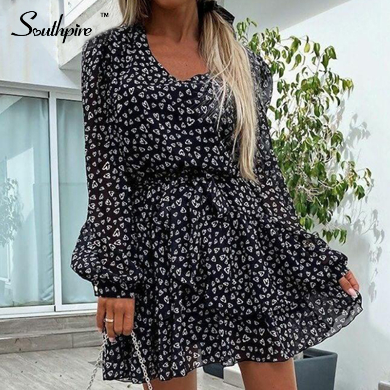 Southpire A-Line V-Neck Vintage Black Print Dresses Women’s Chiffon Long Sleeve Elastic Waist Mini Party Vestidos Autumn Clothes alx