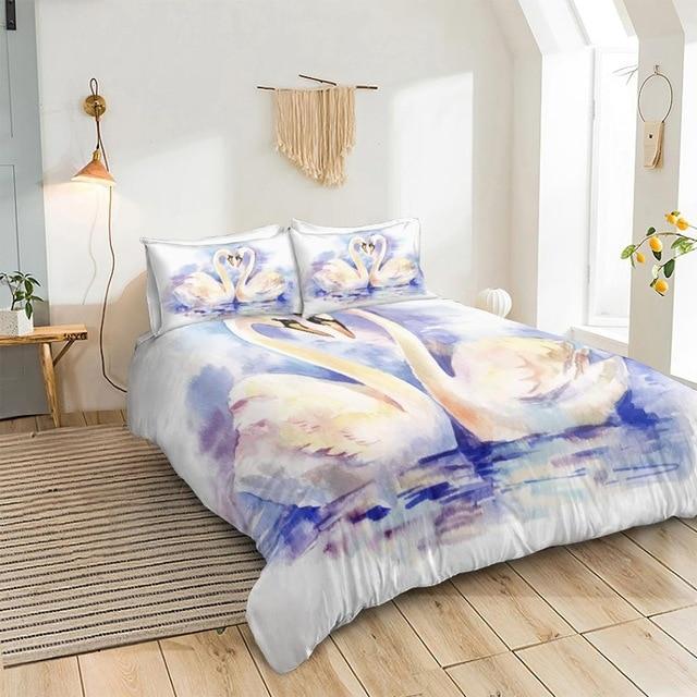 Couple Swans 3 Pieces Quilted Comforter Set