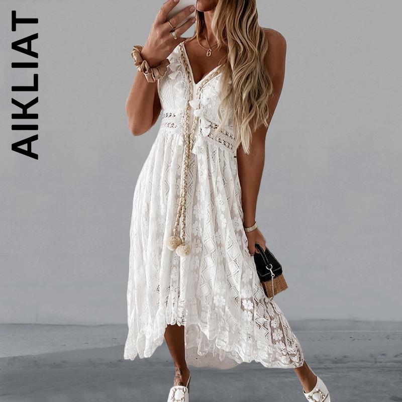 Aikliat 2022 V Neck Off Shoulder Lace Patchwork Elegant Dress Women Summer Spaghetti Strap Dress New Fashion Solid Dresses alx