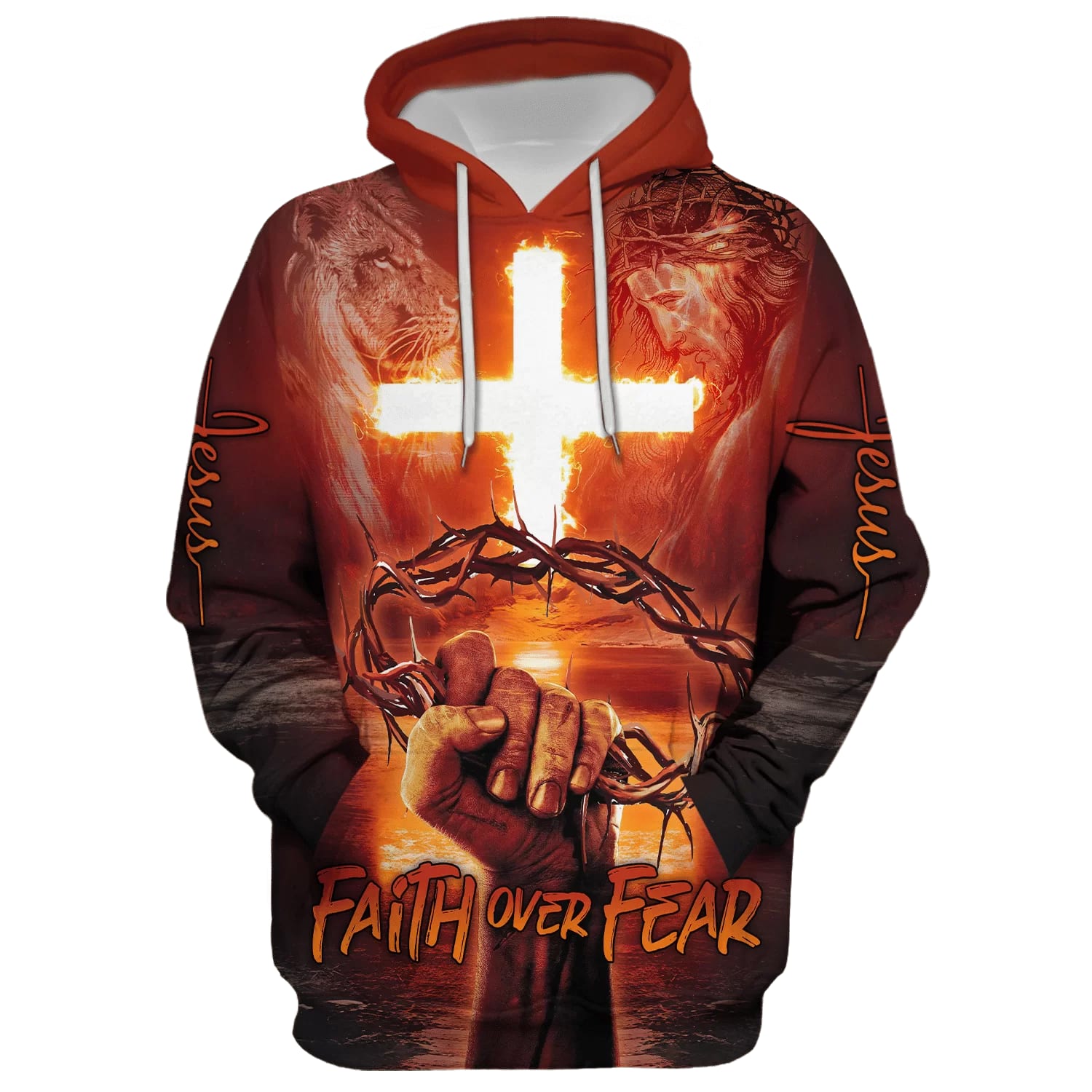 Jesus Cross Crown Of Thorns Faith Over Fear Hoodie  Men & Women Christian Hoodie  3D Printed Hoodie