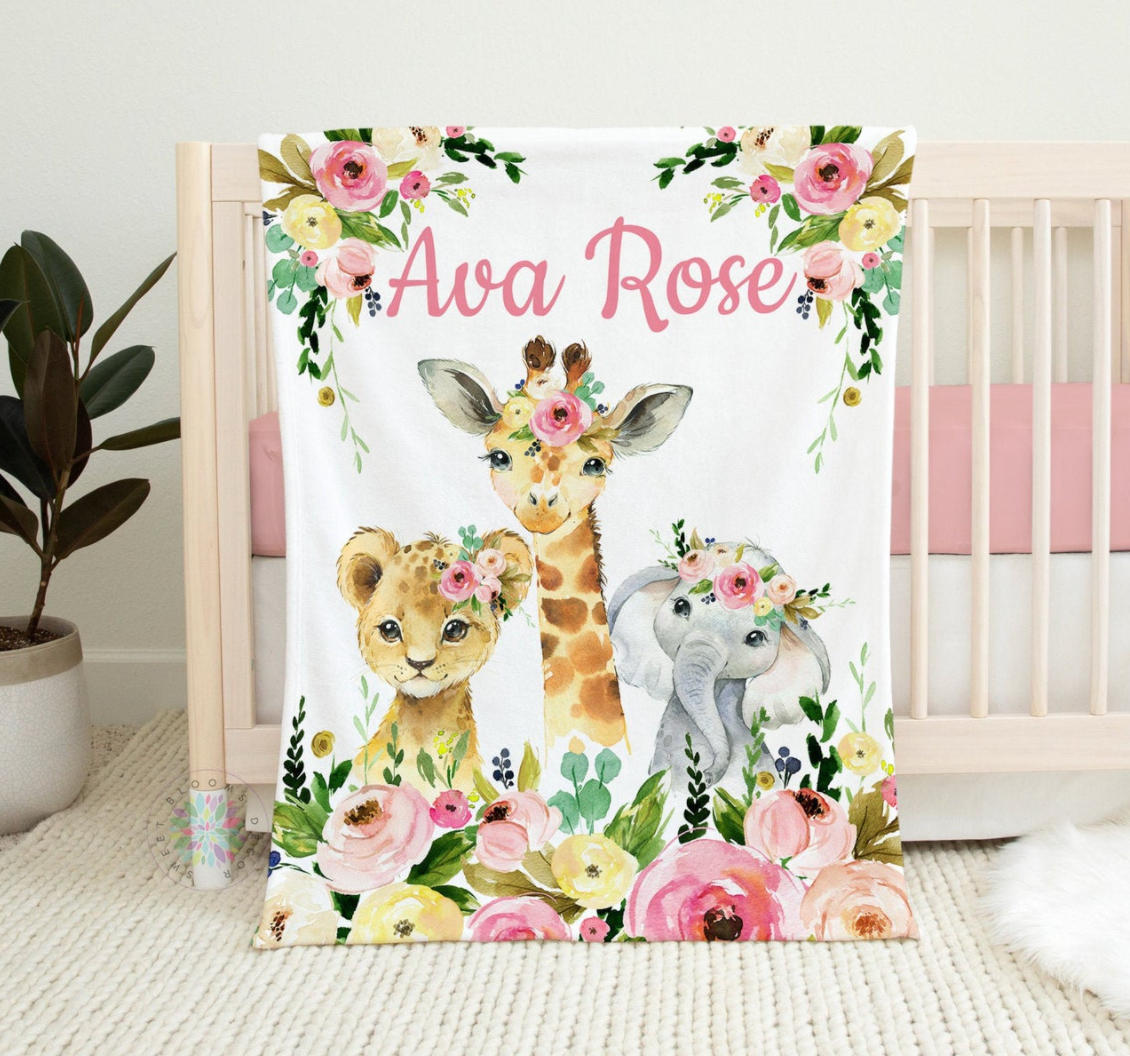 Safari Animals Floral Baby Blanket, Personalized Baby Blanket Gift, Personalized Blanket, Baby Shower Gift