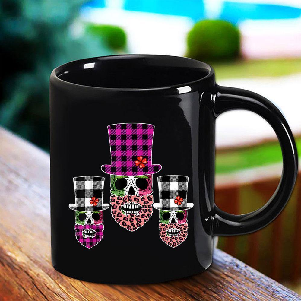 St Patrick Day Three Skull Hat Leopard Buffalo Plaid Red Shamrock Black Mug