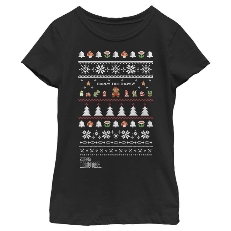 Nintendo Girl’s Ugly Christmas Super Mario Happy Holidays  T Shirt