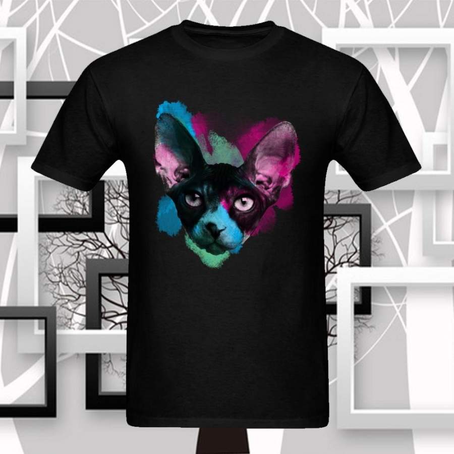 Strange Sphynx Cat Watercolour Black T-Shirt Men’S T-Shirt Design Personalized Unique Summer Short Sleeve T-Shirt Top Coupons