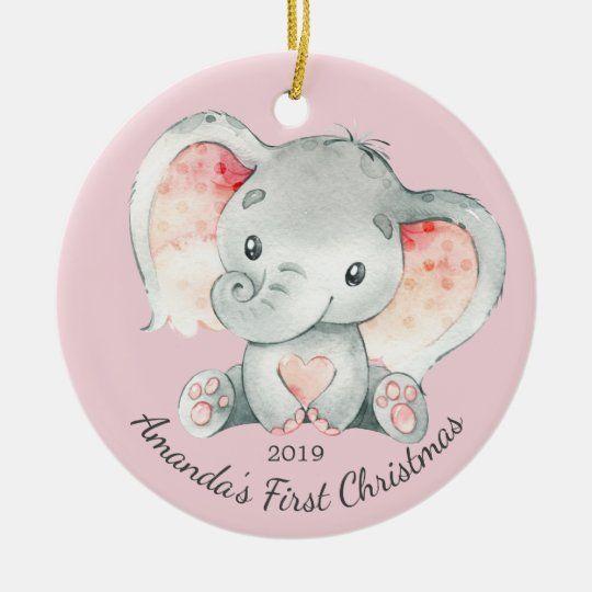 Personalized Ornament Cute Elephant Girls First Christmas Customized Circle Ornament