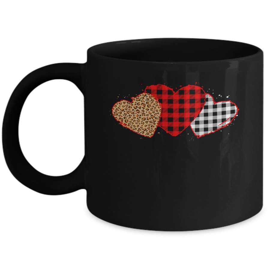 Three Hearts Leopard Buffalo Plaid Valentine’s Day Mug