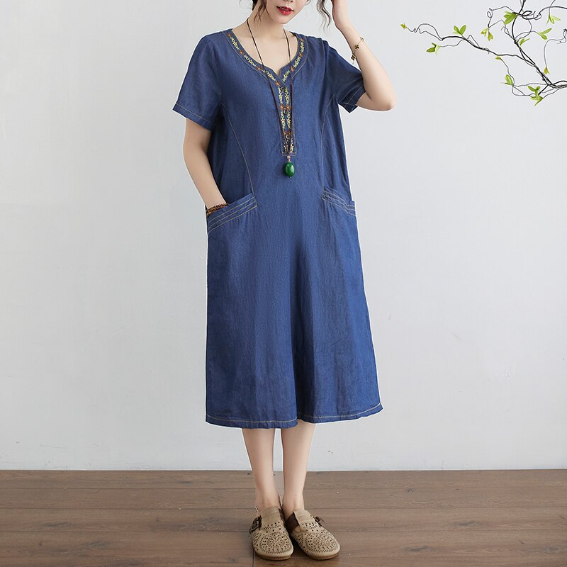 Thin Denim Dress 2022 New Arrival Pockets Cotton Loose Summer Dress Embroidery Floral Vintage Dress Women Travel Casual Dress alx