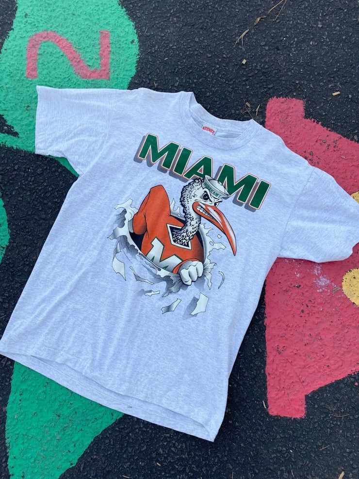 Vintage Nwt 90S University Of Miami Hurricanes Nutmeg Mascot Breakout Double Graphic Usa Shirt