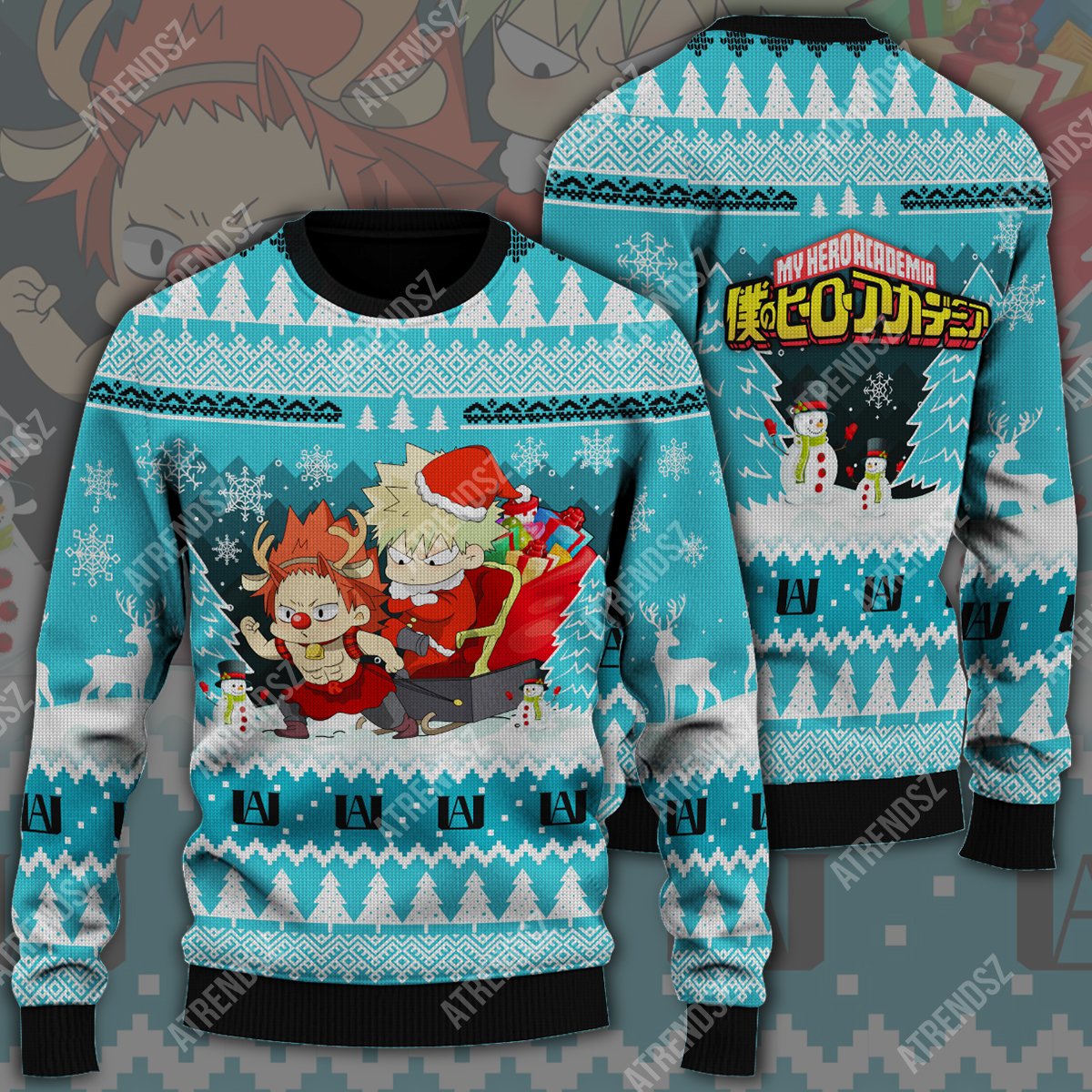 Unifinz My Hero Academia Sweater Kirishima Eijirou Bakugo Christmas Blue Ugly Sweater 2022