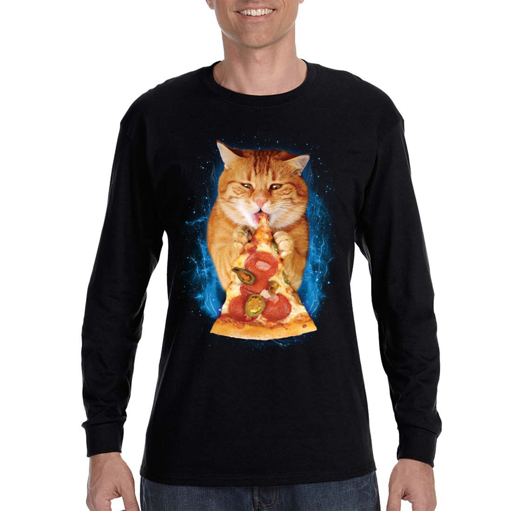 Xtrafly Apparel Men’S Pizza Cat Fat Kitty Tabby Kitten Space Galaxy Mars Moon Alien Ufo Rocket Ship Pepperoni Pet Animal Long Sleeve T-Shirt