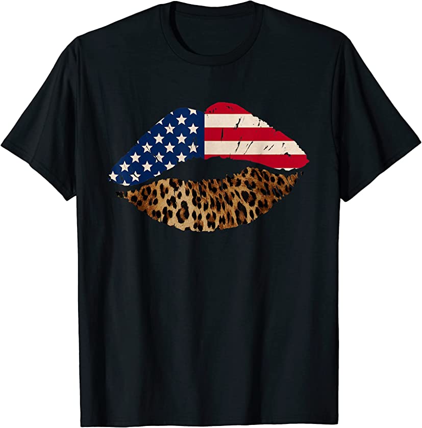 Women’s American Flag Leopard Lips 4th of July USA Mouth T-Shirt