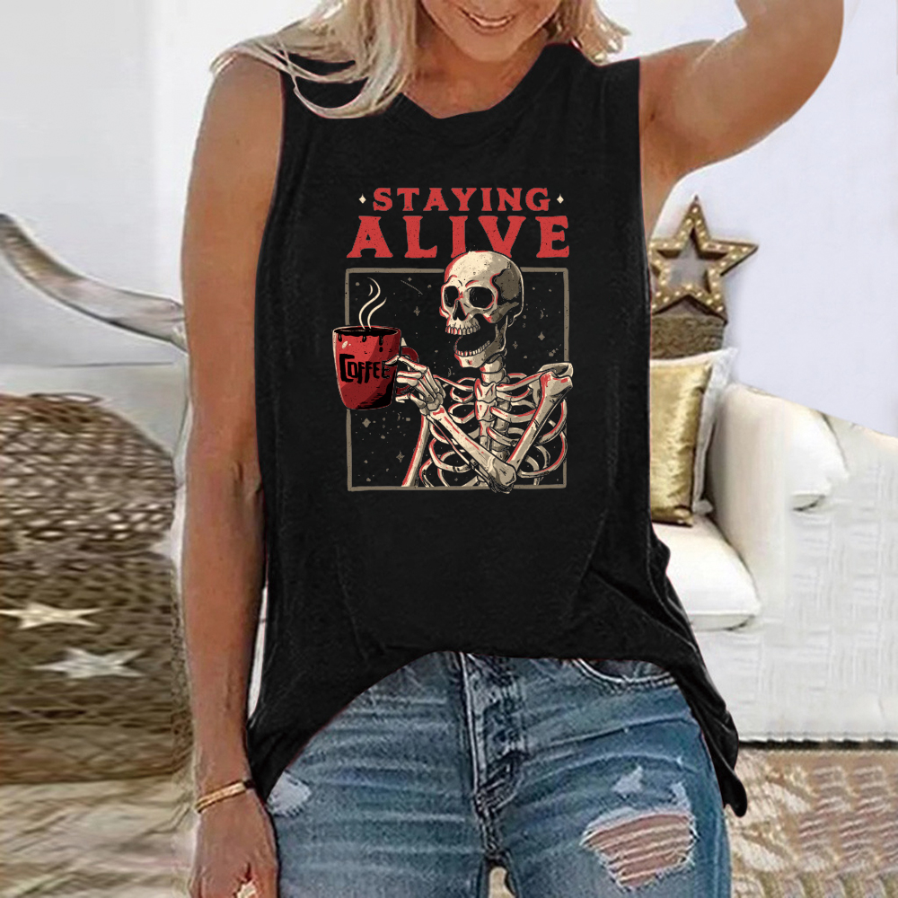 Sleeveless Funny Women T Shirt Stayong Aliye Skulls Print Summer Sport Tee Shirt Crew Neck Loose Vest Vintage T Shirt Femme alx