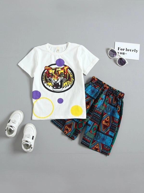 Toddler Boys Tiger Print Tee With Tribal Print Shorts